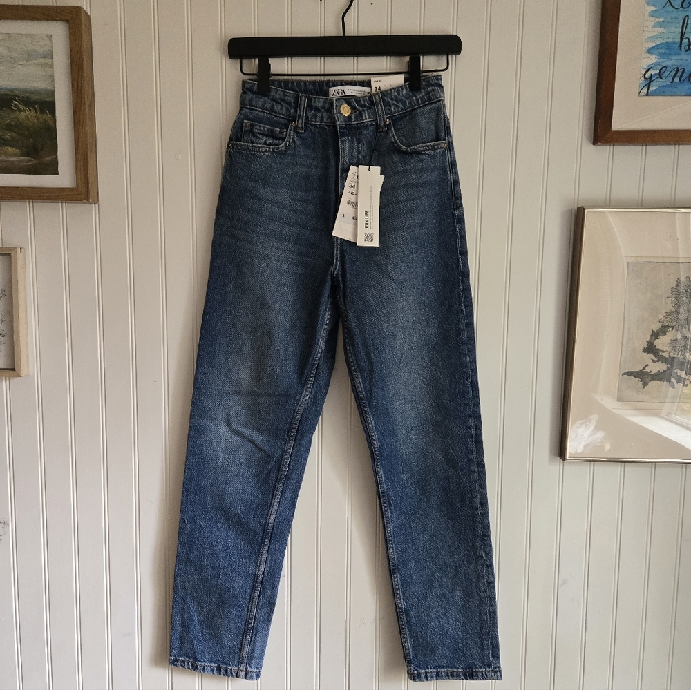 Zara Nwt Mom Fit High Rise Slim Leg Ankle Length Blue Jeans